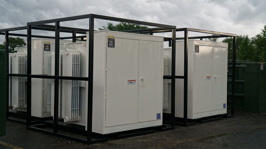 Custom transformers mounted on a structure, ensuring efficient power distribution in industrial and commercial settings