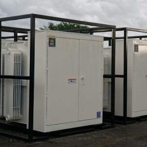 Custom transformers mounted on a structure, ensuring efficient power distribution in industrial and commercial settings