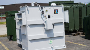 Close-up of a distribution substation transformer used in industrial power management