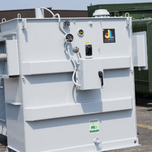 Close-up of a distribution substation transformer used in industrial power management